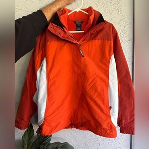 LL Bean 2in1 orange polar fleece jacket inside puffer coat with packable hood